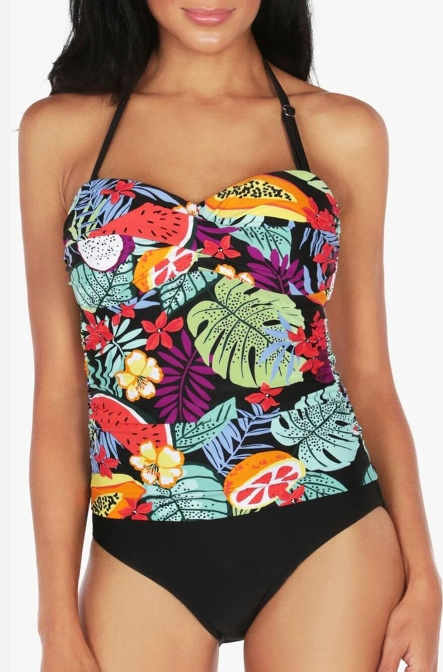 NWT Caribbean Joe Tropical Fruit Print One Piece Swimsuit Blouson Size 12